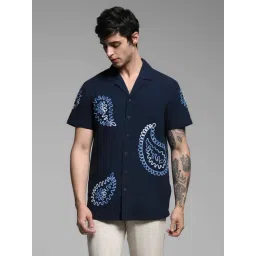 Jack & Jones Navy Cotton Comfort Fit Embroidered Shirt-picture-12