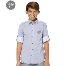 Jack & Jones Junior Full Sleeves Slim Fit Shirt Logo Patch - Blue White-picture-19