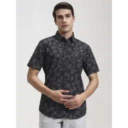 JadeBlue Black Cotton Slim Fit Geometric Print Shirt-picture-15