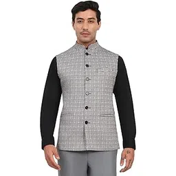 jadeblue JB Studio Men's Black & Grey Checked Waist Coat | Slim Fit Stylish Layering Outerwear | Classic Mandarin Collar-picture-10