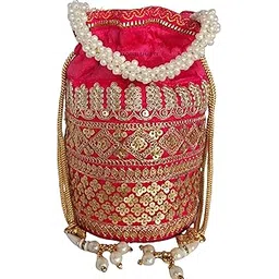 jagriti shakti Raw Silk Potli Bag for Ladies & Girls | Golden Embroidered with Pearl Handle & Tassels | Batwa Bag Bridal Purse - Rani Pink-picture-16