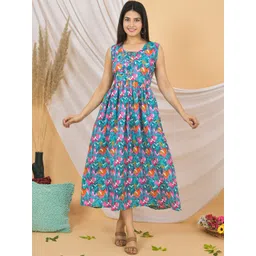 JAHIDA COMFORT WITH STYLE Floral Printed Tie-Up Neck Pure Cotton Fit and Flare Midi Dress-picture-35