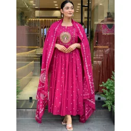 JAINICA Ethnic Motifs Printed Thread Work Anarkali Kurta With Trousers & Dupatta-picture-26