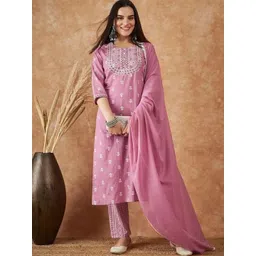 JAINICA Floral Printed Round Neck Thread Work Straight Kurta & Trousers With Dupatta-picture-29