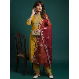 JAINICA Women Ethnic Motifs Embroidered Regular Thread Work Kurta with Trousers & With Dupatta-picture-38