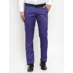 Jainish Blue Cotton Tapered Fit Striped Flat Front Trousers image 1