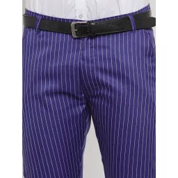 Jainish Blue Cotton Tapered Fit Striped Flat Front Trousers image 5