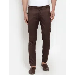 Jainish Brown Cotton Tapered Fit Flat Front Trousers-picture-14