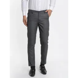 Jainish Charcoal Cotton Tapered Fit Checks Flat Front Trousers-image-3