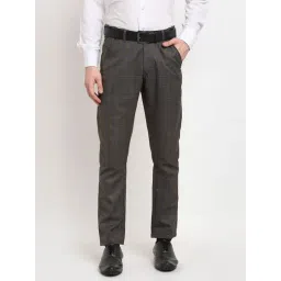 Jainish Charcoal Cotton Tapered Fit Checks Flat Front Trousers-image-2