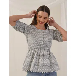 JAINISH Floral Embroidered Puff Sleeve Cotton Top-picture-14