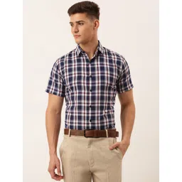 JAINISH Men Navy Blue & White Standard Tartan Checked Cotton Formal Shirt-picture-30