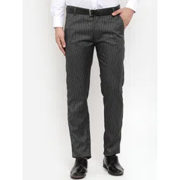 JAINISH Men Olive Green & White Smart Slim Fit Striped Formal Trousers-picture-16