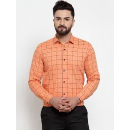 JAINISH Men Orange Standard Windowpane Checks Formal Shirt-picture-36