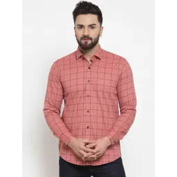 JAINISH Men Peach-Coloured & Black Regular Fit Checked Casual Shirt-picture-14