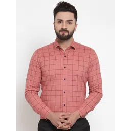 JAINISH Men Peach-Coloured & Black Regular Fit Checked Formal Shirt-picture-21