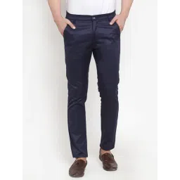 Jainish Navy Cotton Tapered Fit Flat Front Trousers-picture-19