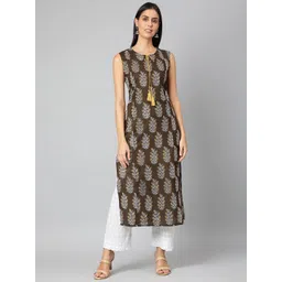 JAIPUR ATTIRE Women Brown & White Floral Printed Keyhole Neck Kurta-picture-40