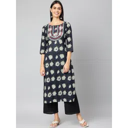 JAIPUR ATTIRE Women Navy Blue & White Floral Printed Kurta-picture-30