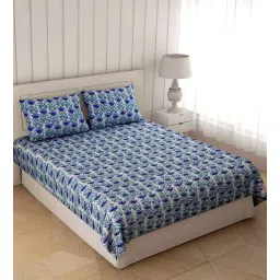 Blue Floral 300 TC Cotton 1 Double Bedsheet with 2 Pillow Covers by Jaipur Fabric-image-3