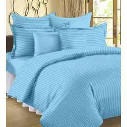 Blue Solid TC 300 Cotton Double Bed Sheet With 2 Pillow Covers-image-10