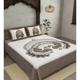 Brown Traditional 180 TC Cotton Queen Sized Bed Sheets with 2 Pillow Covers by Jaipur Fabric-picture-13