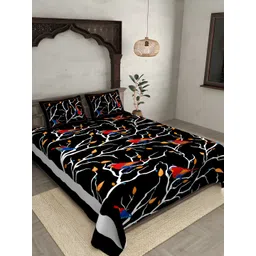 JAIPUR FABRIC Black & Blue Floral 144 TC Cotton King Bedsheet With 2 Pillow Covers-picture-23