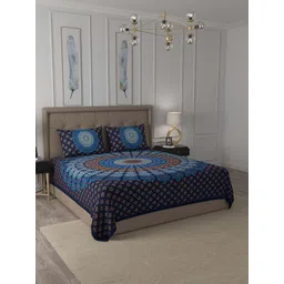 JAIPUR FABRIC Blue & Brown 180 TC Queen Ethnic Motifs Cotton Bedsheet with 2 Pillow Covers-image-43