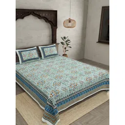 JAIPUR FABRIC Blue & Green Ethnic Motifs 180 TC King Bedsheet with 2 Pillow Covers-picture-10