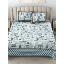 JAIPUR FABRIC Blue & Grey Floral 180 TC King Bedsheet with 2 Pillow Covers-picture-14