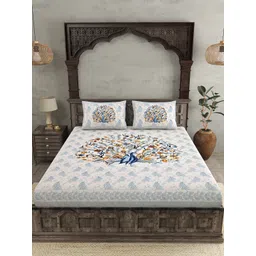 JAIPUR FABRIC Blue & Grey Printed Cotton 250 TC Queen Bedsheet with 2 Pillow Covers image 5
