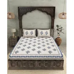 jaipur fabric Bouquet Beveled Blue Cotton Double Bedsheet With 2 Pillow Covers-picture-42