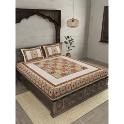 JAIPUR FABRIC Brown & White Ethnic Motifs Cotton 210 TC Queen Bedsheet & 2 Pillow Covers-image-22