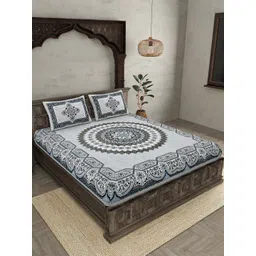 JAIPUR FABRIC Flowery Mat Grey Geometric Cotton 210 TC Queen Bedsheet & 2 Pillow Covers-picture-12