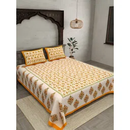 JAIPUR FABRIC Green & Orange Floral Cotton 144 TC King Bedsheet with 2 Pillow Covers-picture-25