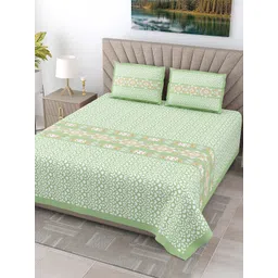 JAIPUR FABRIC Green & White Ethnic Motifs Cotton 300 TC King Bedsheet with 2 Pillow Covers-picture-12
