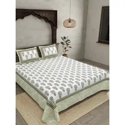 JAIPUR FABRIC Green & White Floral 180 TC King Bedsheet with 2 Pillow Covers-picture-18