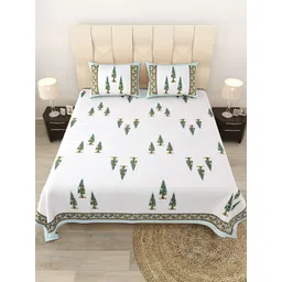 JAIPUR FABRIC Green & White Floral 180 TC Queen Bedsheet with 2 Pillow Covers-picture-14