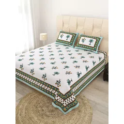 JAIPUR FABRIC Green & White Floral Cotton Flat Queen Bedsheet with 2 Pillow Covers image 1