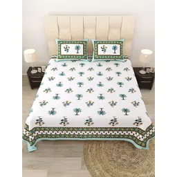 JAIPUR FABRIC Green & White Floral Cotton Flat Queen Bedsheet with 2 Pillow Covers image 4