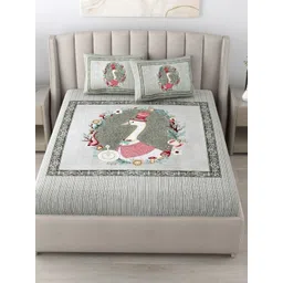 JAIPUR FABRIC Olive Green & Pink Floral 180 TC King Bedsheet with 2 Pillow Covers-picture-12