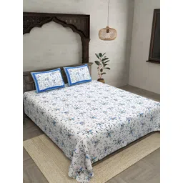 JAIPUR FABRIC White & Blue Floral  Cotton 250 TC King Bedsheet with 2 Pillow Covers-picture-12