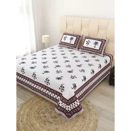 JAIPUR FABRIC White & Brown Ethnic Motifs Cotton Flat Queen Bedsheet with 2 Pillow Covers-image-34