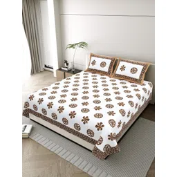 JAIPUR FABRIC White & Brown Floral King Bedsheet with 2 Pillow Covers-image-33