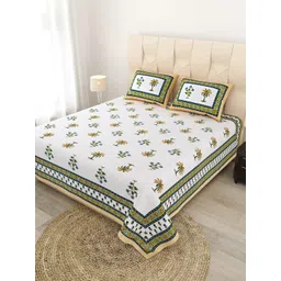 JAIPUR FABRIC White & Green Floral Cotton Flat Queen Bedsheet with 2 Pillow Covers-picture-19