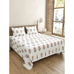JAIPUR FABRIC White & Grey Floral Cotton 240 TC Double King Bedsheet with 2 Pillow Covers-picture-22