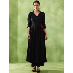 Jaipur Kurti Embroidered Angrakha A-Line Mirror Work Pure Cotton Kurta With Trousers image 1