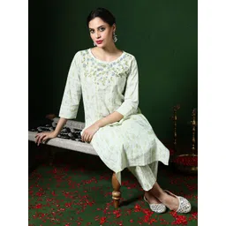 Jaipur Kurti Floral Embroidered Thread Work Round Neck Straight Kurta With Trousers-picture-39