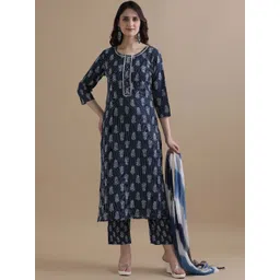 Jaipur Kurti Floral Printed Kantha Work Pure Cotton Kurta with Trouser & Dupatta-picture-44
