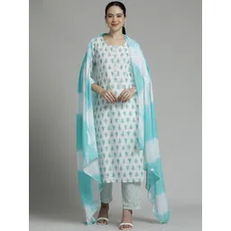 Jaipur Kurti Floral Printed Mirror Work Pure Cotton Kurta With Trousers & Dupatta-picture-43